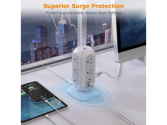 Tower Power Strip Flat Plug with 11 Outlets 3 USB (1 USB C), TESSAN Surge Protector Tower 1625W/13A,1050J Protection, 6 Feet Extension Cord with...