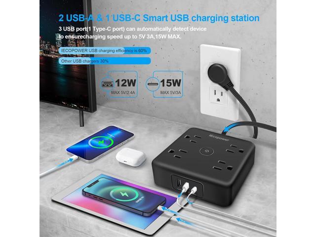 2 Pack Ultra Flat Plug Power Strip,Power Strips with Surge Protection-4 Widely Outlets,6 ft Flat Plug Extension Cord with 3 USB Ports(1 USB C...