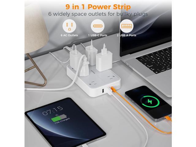 TESSAN Flat Extension Cord 10 FT with Flat Plug Power Strip, Small Extension Cord with 6 AC Outlet 1 USB C and 2 USB A, 1080J Surge Protector Power...