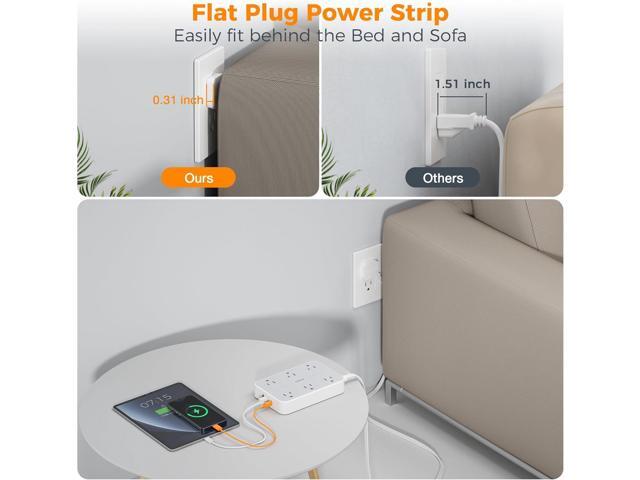 TESSAN Flat Extension Cord 10 FT with Flat Plug Power Strip, Small Extension Cord with 6 AC Outlet 1 USB C and 2 USB A, 1080J Surge Protector Power...
