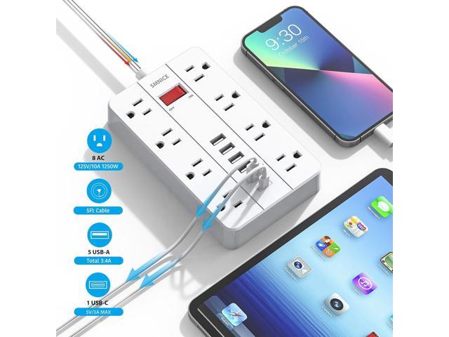 Power Strip with USB,Surge Protector Flat Plug with 8 Widely Spaced Outlets and 6 USB Ports(1 USB C), 5ft Extension Cord Wall Mountable Phone...