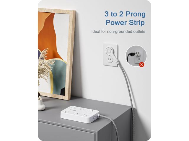 LENCENT 2 Prong Power Strip, 3 to 2 Prong Outlet Adapter, Two Prong Surge Protector, 6ft Braided Extension Cord with Thin Flat Polarized Plug, 6...