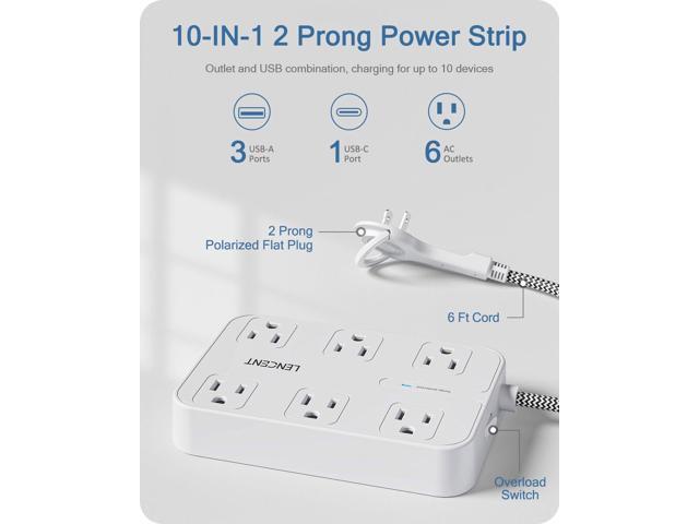 LENCENT 2 Prong Power Strip, 3 to 2 Prong Outlet Adapter, Two Prong Surge Protector, 6ft Braided Extension Cord with Thin Flat Polarized Plug, 6...
