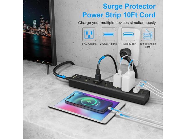 10FT Long Surge Protector Power Strip-with 5 Widely Outlets and 3 USB Ports(1 USB C Port),10 Foot Extension Cord(1250W/10A),Wall Mount for Home...