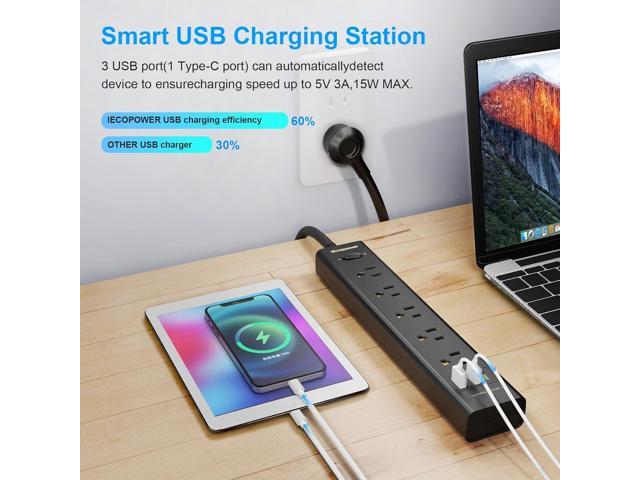 10FT Long Surge Protector Power Strip-with 5 Widely Outlets and 3 USB Ports(1 USB C Port),10 Foot Extension Cord(1250W/10A),Wall Mount for Home...