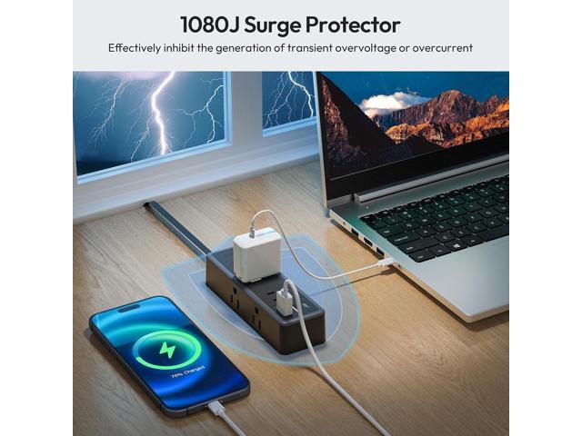 NTONPOWER Flat Extension Cord 10 ft, 1080 Joules Surge Protector Power Strip with 6 Widely Outlets 3 USB (1 USB C), Flat Plug Extension Cord Power...