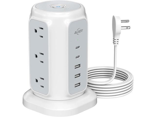 Flat Plug Power Strip Tower with 9 Outlets and 5 USB Ports (2 USB C), AiJoy 1200J Surge Protector Tower with 6.5 Feet 1625W/13A Extension Cord with.