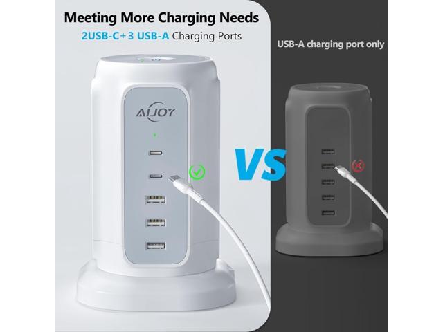 Flat Plug Power Strip Tower with 9 Outlets and 5 USB Ports (2 USB C), AiJoy 1200J Surge Protector Tower with 6.5 Feet 1625W/13A Extension Cord with...