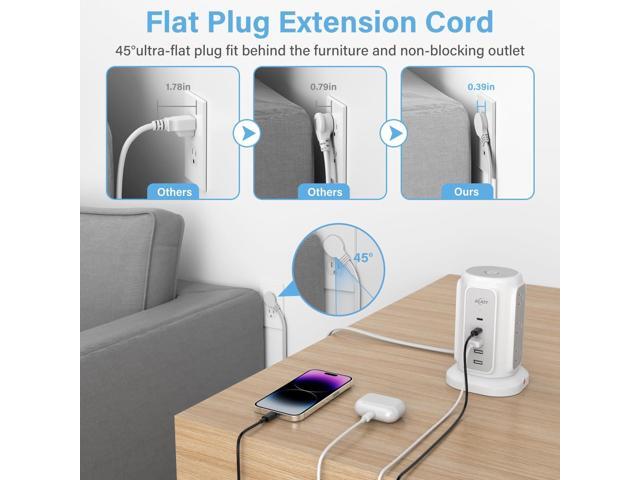 Flat Plug Power Strip Tower with 9 Outlets and 5 USB Ports (2 USB C), AiJoy 1200J Surge Protector Tower with 6.5 Feet 1625W/13A Extension Cord with...