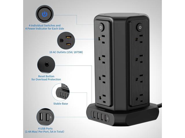 Surge Protector Power Strip Tower with USB Ports, 15 FT Extension Cord Tower with 16 Widely Spaced Outlets 4 USB Ports, 1080 Joules, Overload...