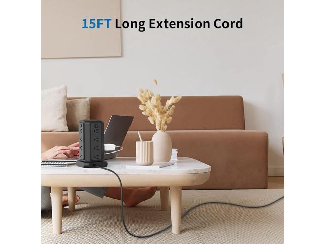 Surge Protector Power Strip Tower with USB Ports, 15 FT Extension Cord Tower with 16 Widely Spaced Outlets 4 USB Ports, 1080 Joules, Overload...