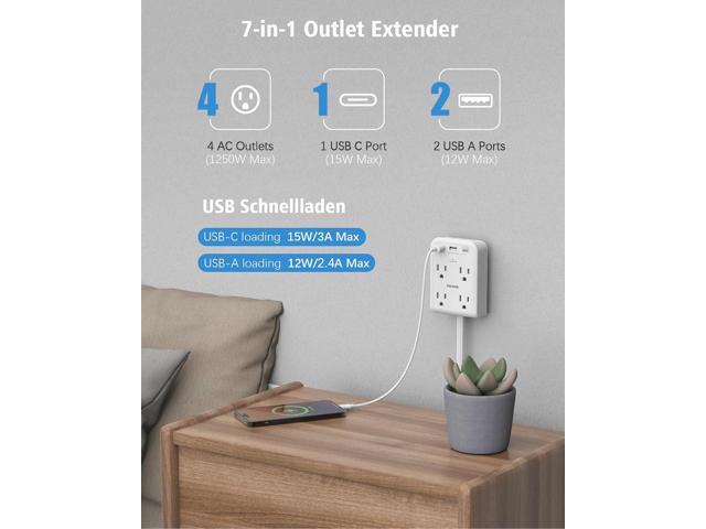 Flat Electrical Outlet Extender with USB C Ports, 4 Outlet 3 USB Wall Plug, 6 ft Thin Extension Cord, Flat Plug Power Strip Surge Protector for...