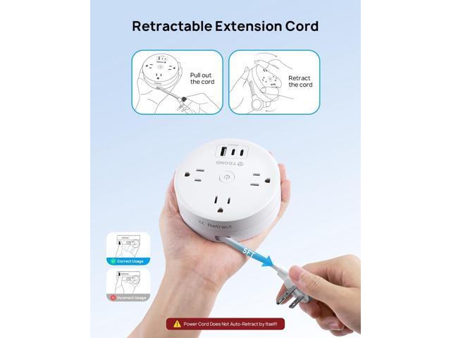 TROND Travel Power Strip - Retractable Extension Cord 5ft Ultra Thin Flat Plug, Retractable Power Strip with 3 AC Outlets 3 USB Ports (2 USB C),...