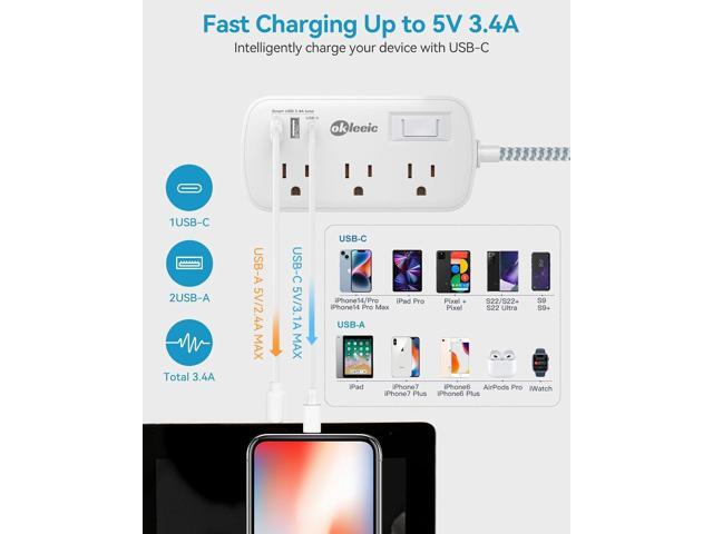 Extension Cord 15 ft - Surge Protector Power Strip Flat Plug with 6 Widely Outlets 3 USB (5V/3.4A 17W) Charging Ports, Multi Plug Wall Outlet...