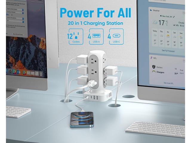 Tower Surge Protector Power Strip, 10FT Extension Cord with Multiple Outlets, Flat Plug Outlet Extender with 12 AC Outlets & 8 USB Ports, 24W Total...