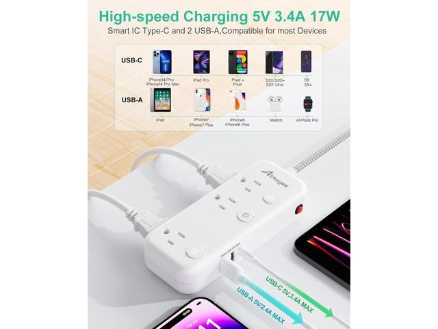 Individual Switch Power Strip Surge Protector with 6 Outlets 3 USB(17W USB C), 5Ft Braided Cord Ultra Thin Flat Plug, 13A Wall Mount Extension Cord...