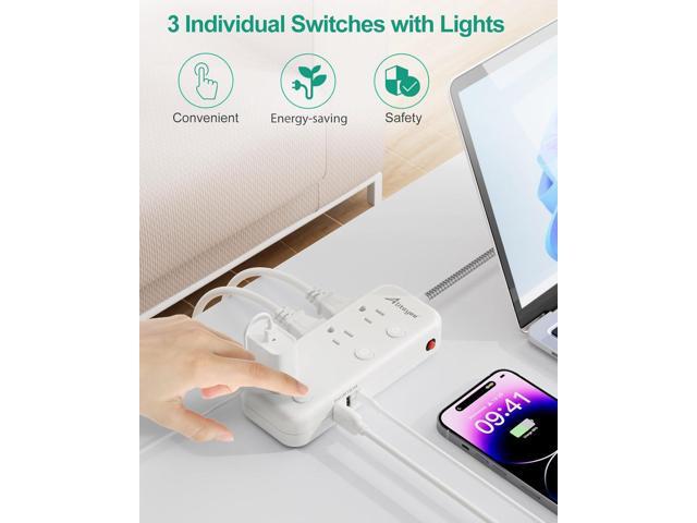 Individual Switch Power Strip Surge Protector with 6 Outlets 3 USB(17W USB C), 5Ft Braided Cord Ultra Thin Flat Plug, 13A Wall Mount Extension Cord...