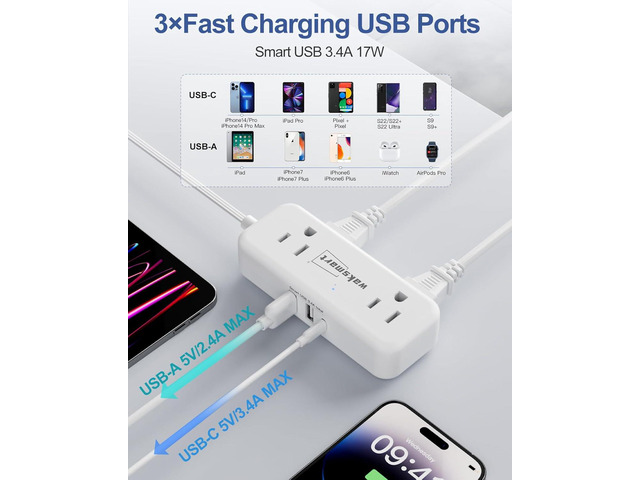 Flat Extension Cord 6 Feet - 4 AC Outlets 3 USB Ports (5V/3.4A 17W), Flat Plug Power Strip Compact for College Dorm, Travel, Cruise, Home, Office