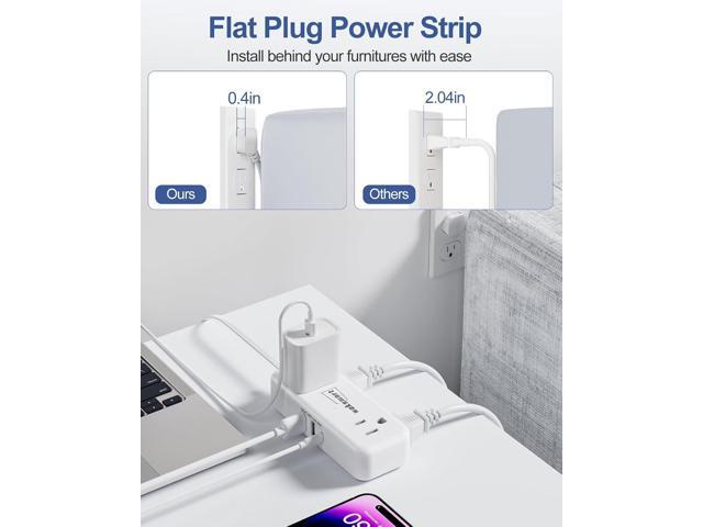Flat Plug Power Strip - 5 Ft Thin Flat Extension Cord with 4 AC Outlets 3 USB Ports (5V/3.4A 17W), Flat Outlet Wall Plug Compact for College Dorm,...