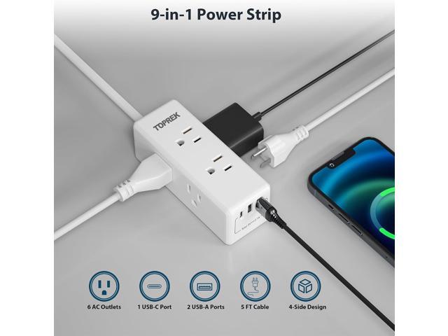 2 Prong Power Strip, TOPREK 2 Prong to 3 Prong Outlet Adapter, 1440J 2 Prong Surge Protector with 6 Outlets & 3 USB, 5FT 2 Prong Extension Cord...