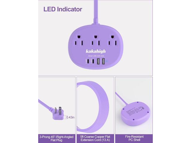 Purple Extension Cord with Surge Protected 1080J - 5 FT Flat Extension Cord, 1625W Cute Extension Cord with 3 AC Outlet 4 USB (24W/4.8A), Compact...