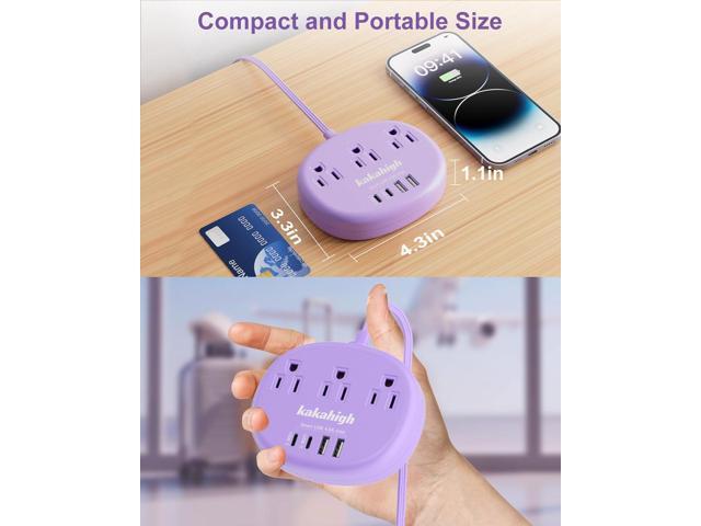 Purple Extension Cord with Surge Protected 1080J - 5 FT Flat Extension Cord, 1625W Cute Extension Cord with 3 AC Outlet 4 USB (24W/4.8A), Compact...