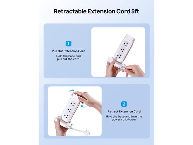 TROND Retractable Power Strip Tower - 5ft Flat Plug Extension Cord with Multiple Outlets, Surge Protector with USB C Ports PD 20W, 1700J...