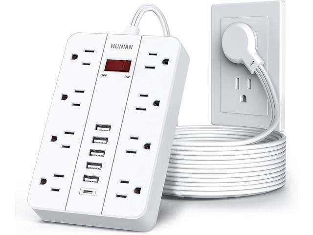 10 Ft Long Extension Cord,Power Strip Surge Protector HUNIAN Flat Plug with 8 Widely Spaced Outlets 6 USB(1 USB C Port), Wall Mount Charging...