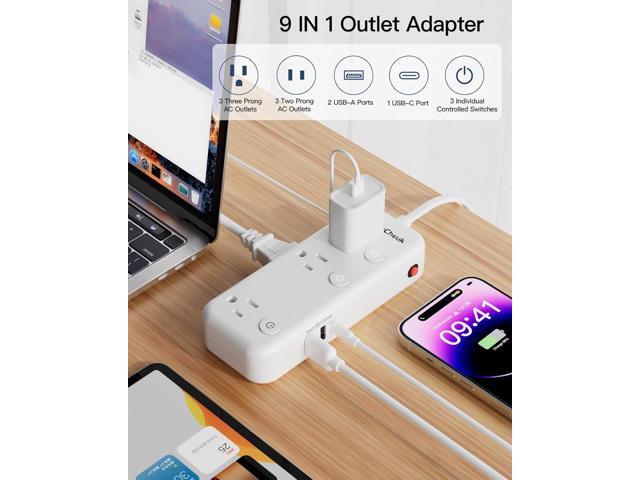 2 Prong Power Strip, 2 Prong to 3 Prong Outlet Adapter, 2 Prong Extension Cord with USB-C, 6 Outlets & 3 USB, 3 Prong Adapter 5ft, for Polarized...