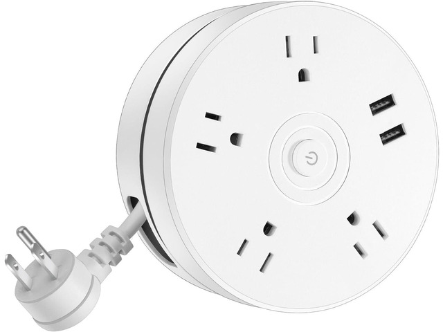 Retractable Power Strip with 6ft Extension Cord, 4 Outlets + 2 USB Ports - Portable for Travel, Home, and Office (White)