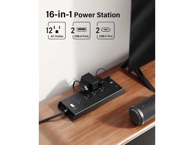 Flat Plug Power Strip 10Ft Long Extension Cord, LeZone 4800J Surge Protector, 12 Outlets 2 USB C 2 USB Ports, Wall Mountable, PD20W Desk Charging...