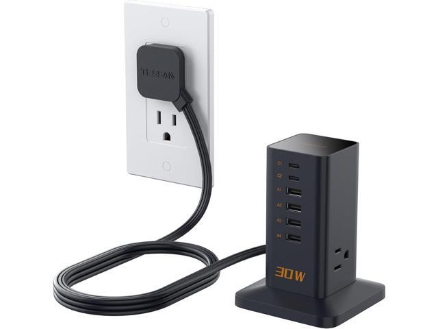 Charging Station 30W, TESSAN 9-in-1 Charger Blocks for iPhone 16/15/14/13, Tablets, Earphone with Surge Protector, 5ft Flat Extension Cord with 4...