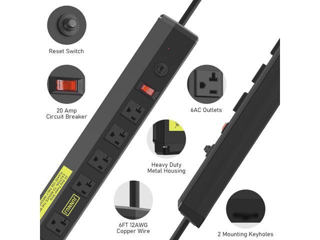 JUNNUJ Heavy Duty Metal Power Strip 20 Amp, High Amp Surge Protector 6 Outlet, 20A Power Strips Workshop Industrial Outlets Wide Spaced 6-20R...