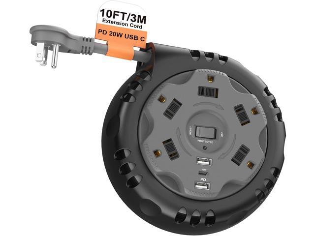 Retractable Power Strip Extension Cord Reel with USB C PD 20W, Flat Plug Travel Power Strip Surge Protection with 5 AC 3 USB Ports, 10FT Travel...