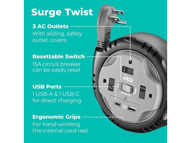 KMC 3-Outlet Surge Twist Cord Reel, USB-C & USB-A Ports, Retractable Power Strip Surge Protector, 735J Surge Protection, 5ft Retractable Extension...