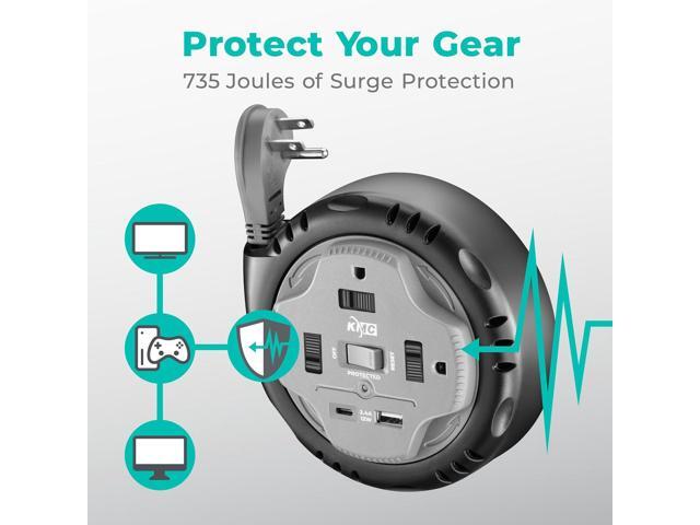 KMC 3-Outlet Surge Twist Cord Reel, USB-C & USB-A Ports, Retractable Power Strip Surge Protector, 735J Surge Protection, 5ft Retractable Extension...