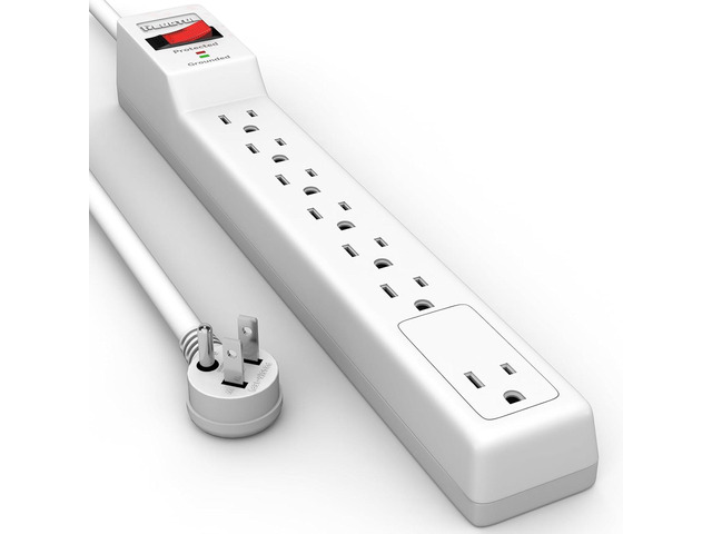15FT Surge Protector (900 Joules), Flat Plug Power Strip, 15FT Extension Cord with Multiple Outlets, 7 Outlets, ETL Listed, 14 Gauge, Wall...