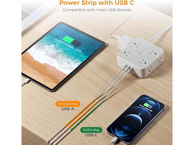 Flat Plug Long Extension Cord 25 Ft, TESSAN Power Strip Surge Protector with 8 Outlets 3 USB Ports (1 USB C), 900J Protection Desktop Charging...