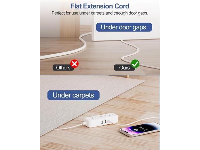 Flat Plug Power Strip - 5 Ft Thin Flat Extension Cord with 4 AC Outlets 3 USB Ports (5V/3.4A 17W), Flat Outlet Wall Plug Compact for College Dorm,...