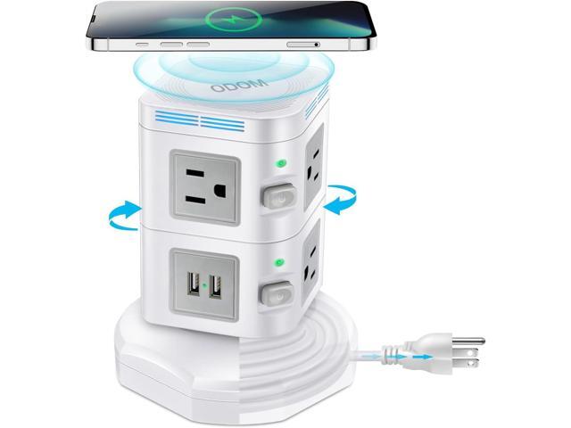 Power Strips Surge Protector 1800J, ODOM Power Strip Tower with 15W Wireless Charger, 13A,4 USB Ports + 6 AC Outlets + 6 Ft Retractable Extension...