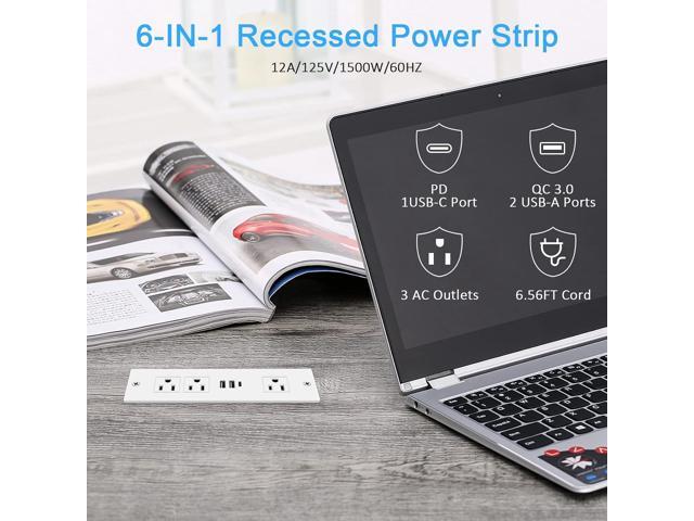 Recessed Power Strip, Furniture Drawer Outlet with 20W PD USB-C & 18W QC3.0 USB-A, Plug in 3 Outlets & USB Ports, Flush Mount 3FT Flat Extension...