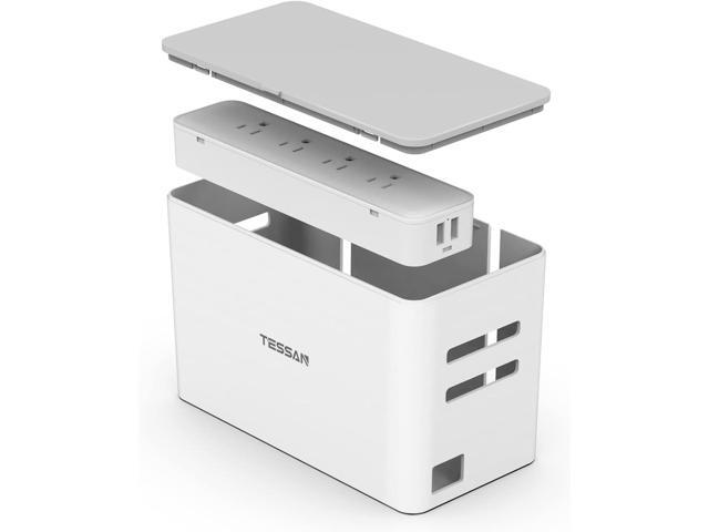 Power Strip with Cable Management Box, TESSAN 5 ft Flat Plug Extension Cord, 4 Outlets 2 USB Ports with Overload Switch, Mountable White Power Cord...