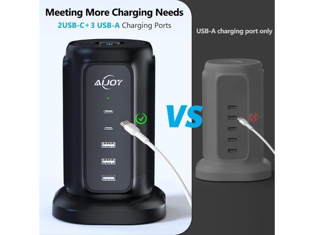 Flat Plug Power Strip Tower with 9 Outlets and 5 USB Ports (2 USB C), AiJoy Surge Protector with 6.5 Feet 1625W/13A Extension Cord, 1200J Surge...