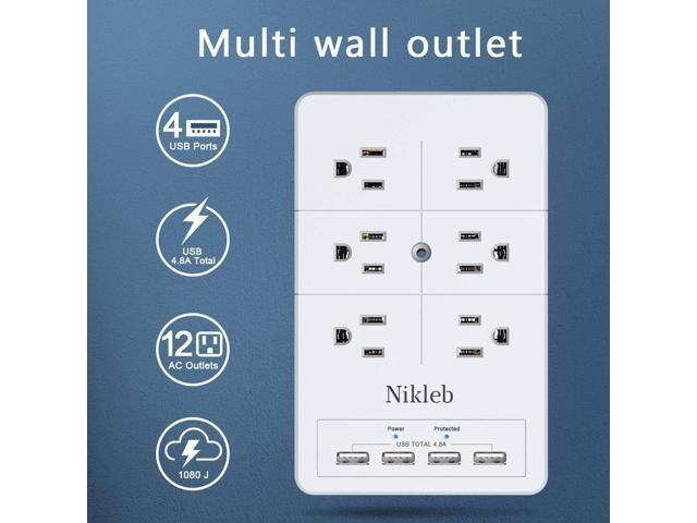 Multi Plug Outlet Surge Protector Nikleb, 12 Electrical Outlets Extender with 4 USB Charging Ports Total 4.8A, Wall Plug Expander 3 Prong for Room,...