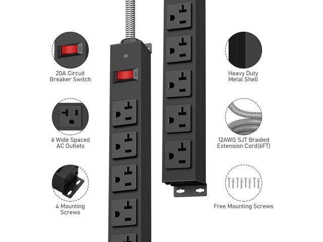 HEZI 20 Amp Power Strip with 5-20P/T- Plug, Heavy Duty High Amp Metal Surge Protector, Mountable Industrial Power Strip with 6AC Outlets(5-20R) and...