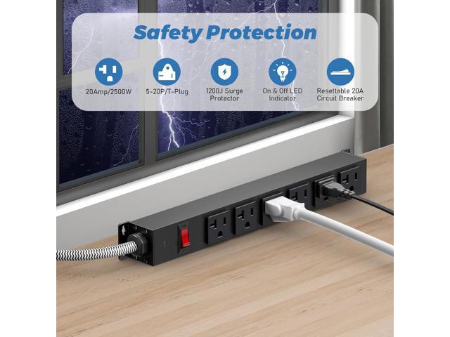 HEZI 20 Amp Power Strip with 5-20P/T- Plug, Heavy Duty High Amp Metal Surge Protector, Mountable Industrial Power Strip with 6AC Outlets(5-20R) and...