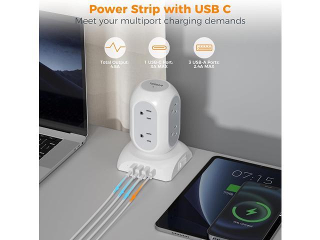Surge Protector Power Strip Tower, TESSAN Flat Plug Extension Cord 10 Ft with 8 AC Multiple Outlets 4 USB Ports (1 USB C), 1050J Protection Desk...