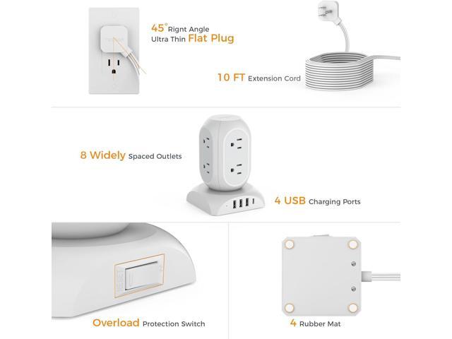 Surge Protector Power Strip Tower, TESSAN Flat Plug Extension Cord 10 Ft with 8 AC Multiple Outlets 4 USB Ports (1 USB C), 1050J Protection Desk...