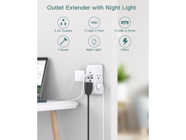 Surge Protector, Outlet Extender with Night Light, Addtam 5-Outlet Splitter and 4 USB Ports(2 USB C), USB Wall Charger Power Strip, Multi Plug...