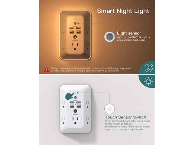 Surge Protector, Outlet Extender with Night Light, Addtam 5-Outlet Splitter and 4 USB Ports(2 USB C), USB Wall Charger Power Strip, Multi Plug...